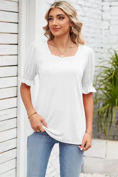 Smocked Square Neck Short Sleeve T-Shirt Women's T-Shirts - Tophatter Daily Deals